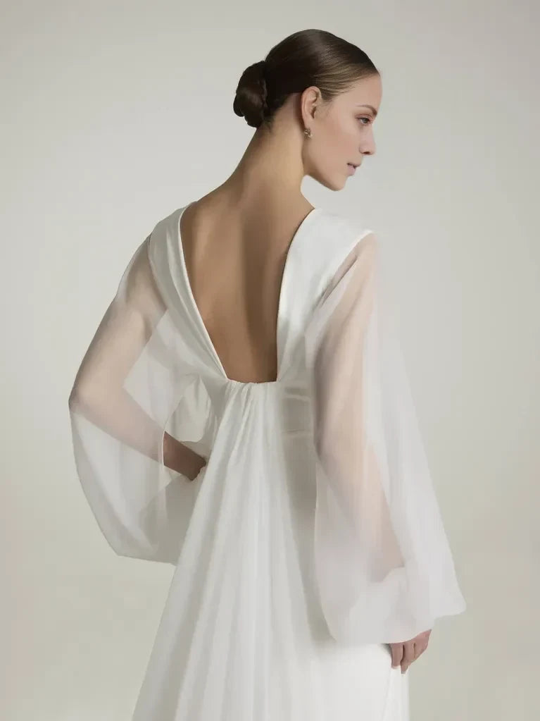 Modern Mermaid Deep V-Neck Sheer Bishop Sleeve White Maxi Wedding Gown