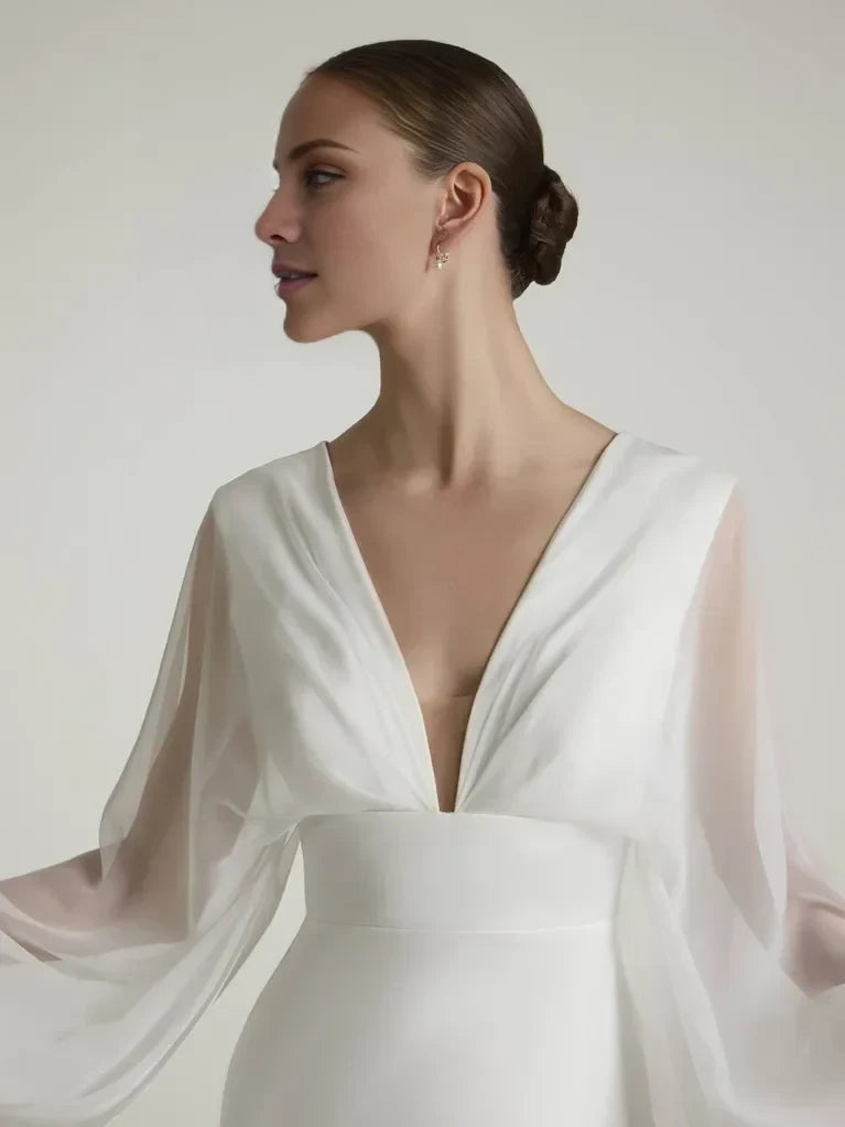 Modern Mermaid Deep V-Neck Sheer Bishop Sleeve White Maxi Wedding Gown