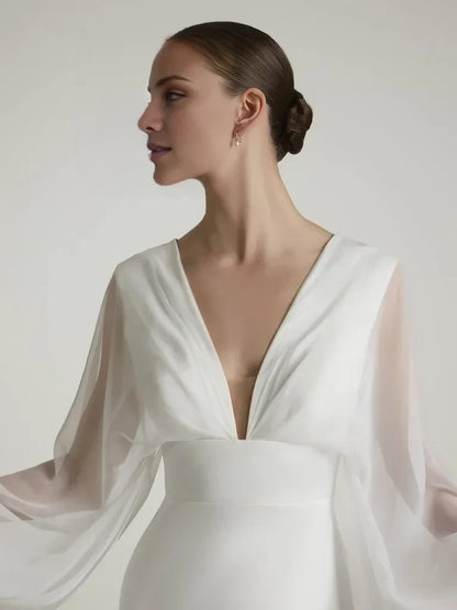 Modern Mermaid Deep V-Neck Sheer Bishop Sleeve White Maxi Wedding Gown