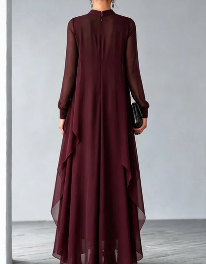 Modest A-Line High-Neck Long-Sleeve Tiered-Ruffle High-Low Mother of the Bride Dress