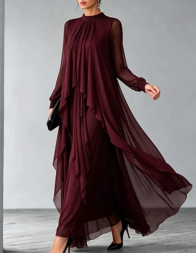 Modest A-Line High-Neck Long-Sleeve Tiered-Ruffle High-Low Mother of the Bride Dress