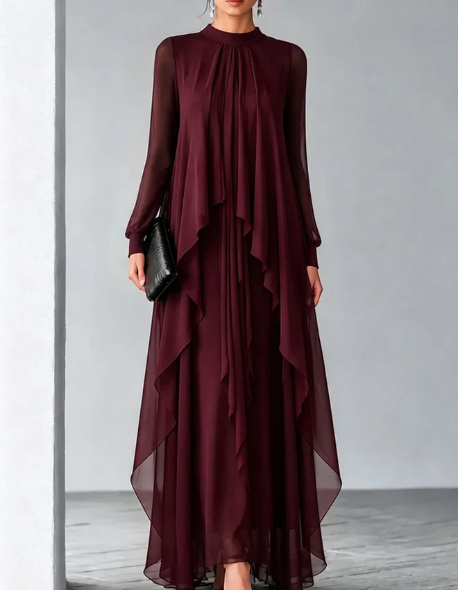 Modest A-Line High-Neck Long-Sleeve Tiered-Ruffle High-Low Mother of the Bride Dress