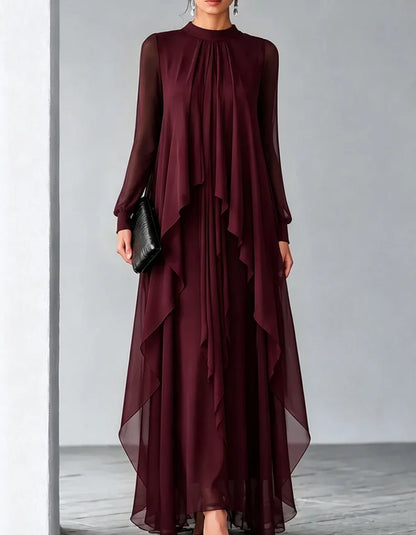 Modest A-Line High-Neck Long-Sleeve Tiered-Ruffle High-Low Mother of the Bride Dress