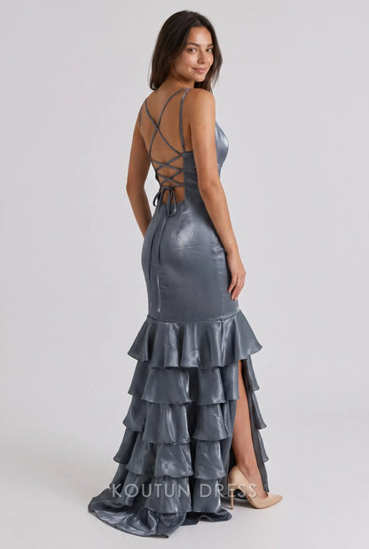Multi-Color Satin Spaghetti Strap V-Neck Lace-Up Back Tiered Ruffle High Slit Mermaid Evening Dress