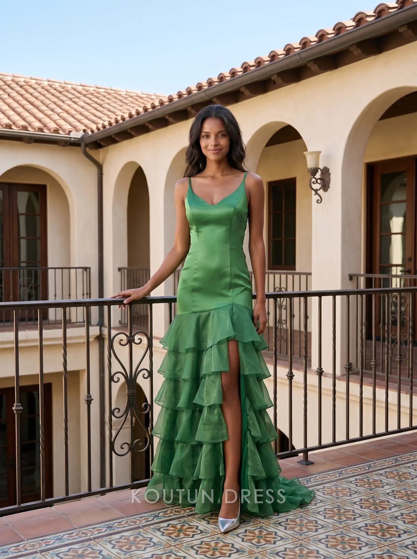 Multi-Color Satin Spaghetti Strap V-Neck Lace-Up Back Tiered Ruffle High Slit Mermaid Evening Dress