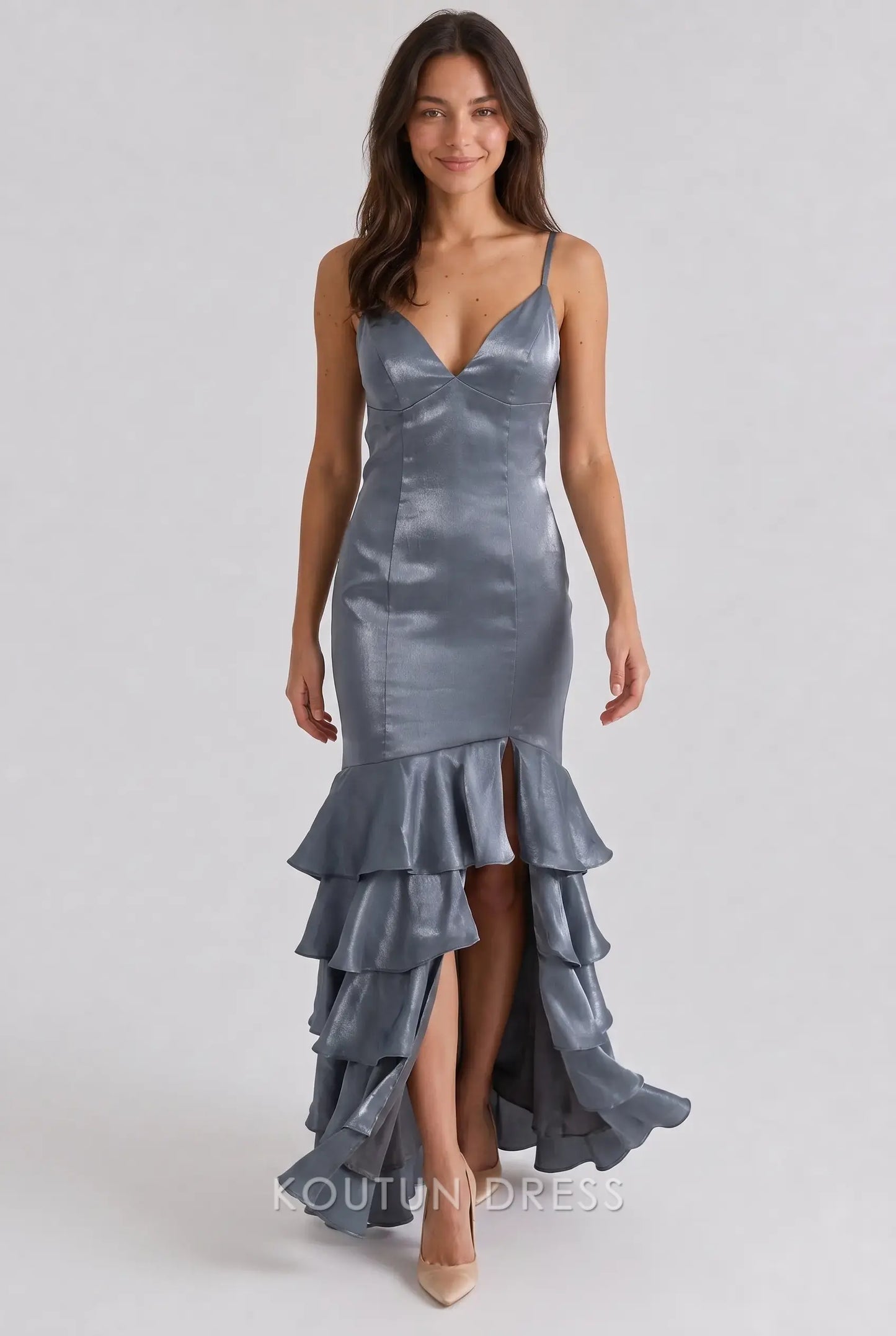 Multi-Color Satin Spaghetti Strap V-Neck Lace-Up Back Tiered Ruffle High Slit Mermaid Evening Dress