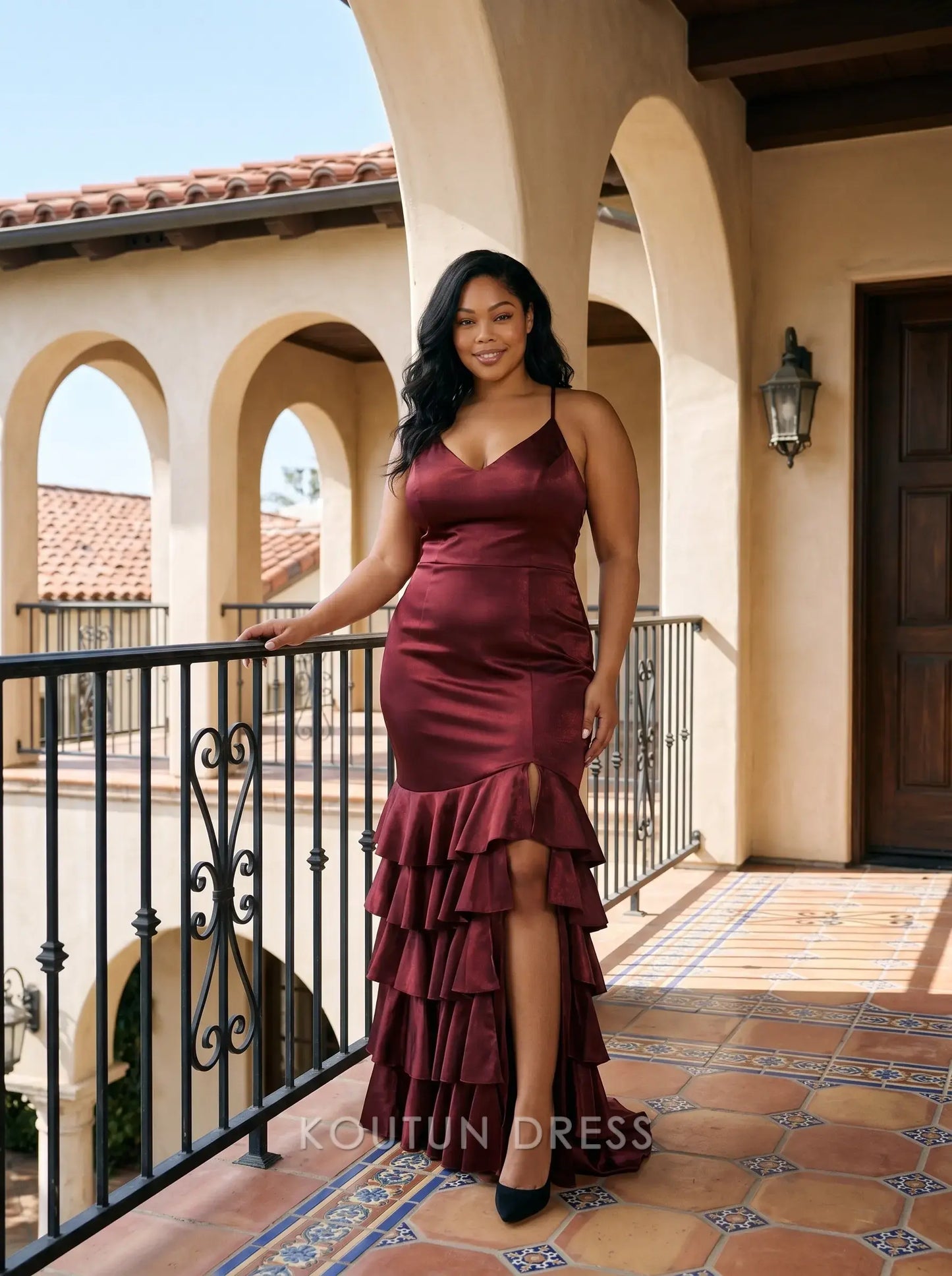 Multi-Color Satin Spaghetti Strap V-Neck Lace-Up Back Tiered Ruffle High Slit Mermaid Evening Dress
