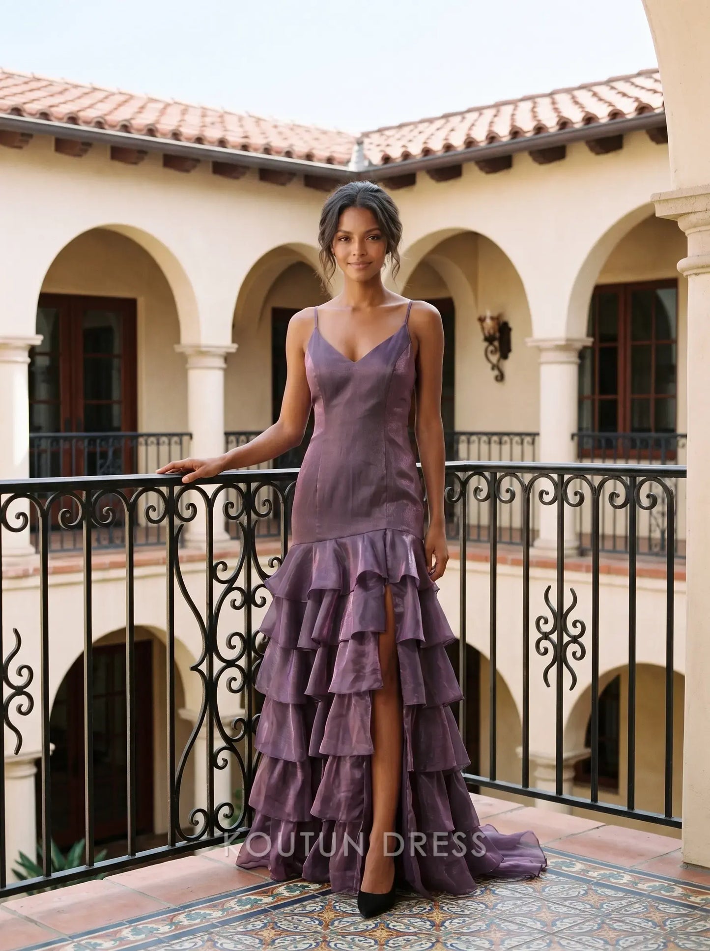 Multi-Color Satin Spaghetti Strap V-Neck Lace-Up Back Tiered Ruffle High Slit Mermaid Evening Dress