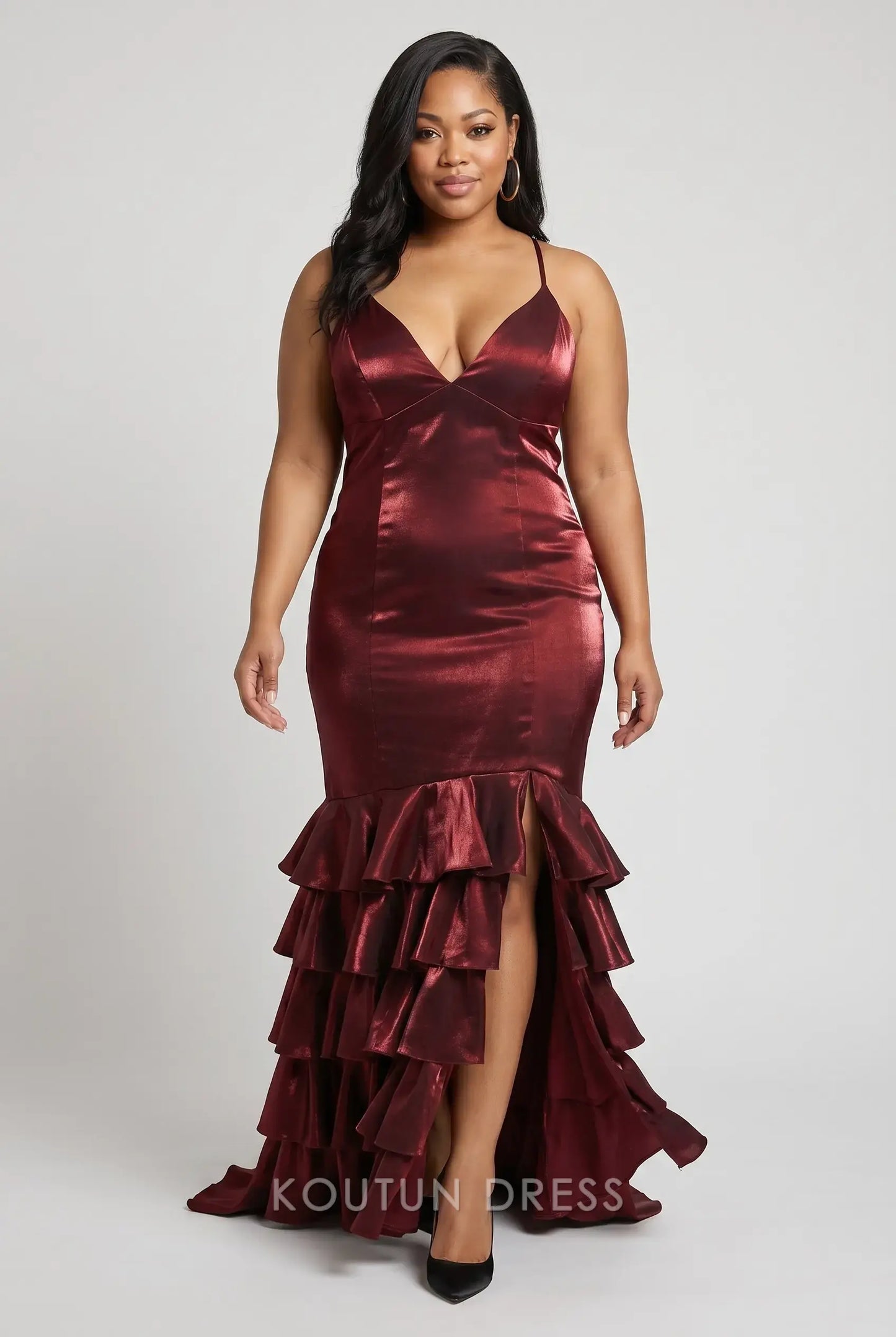 Multi-Color Satin Spaghetti Strap V-Neck Lace-Up Back Tiered Ruffle High Slit Mermaid Evening Dress
