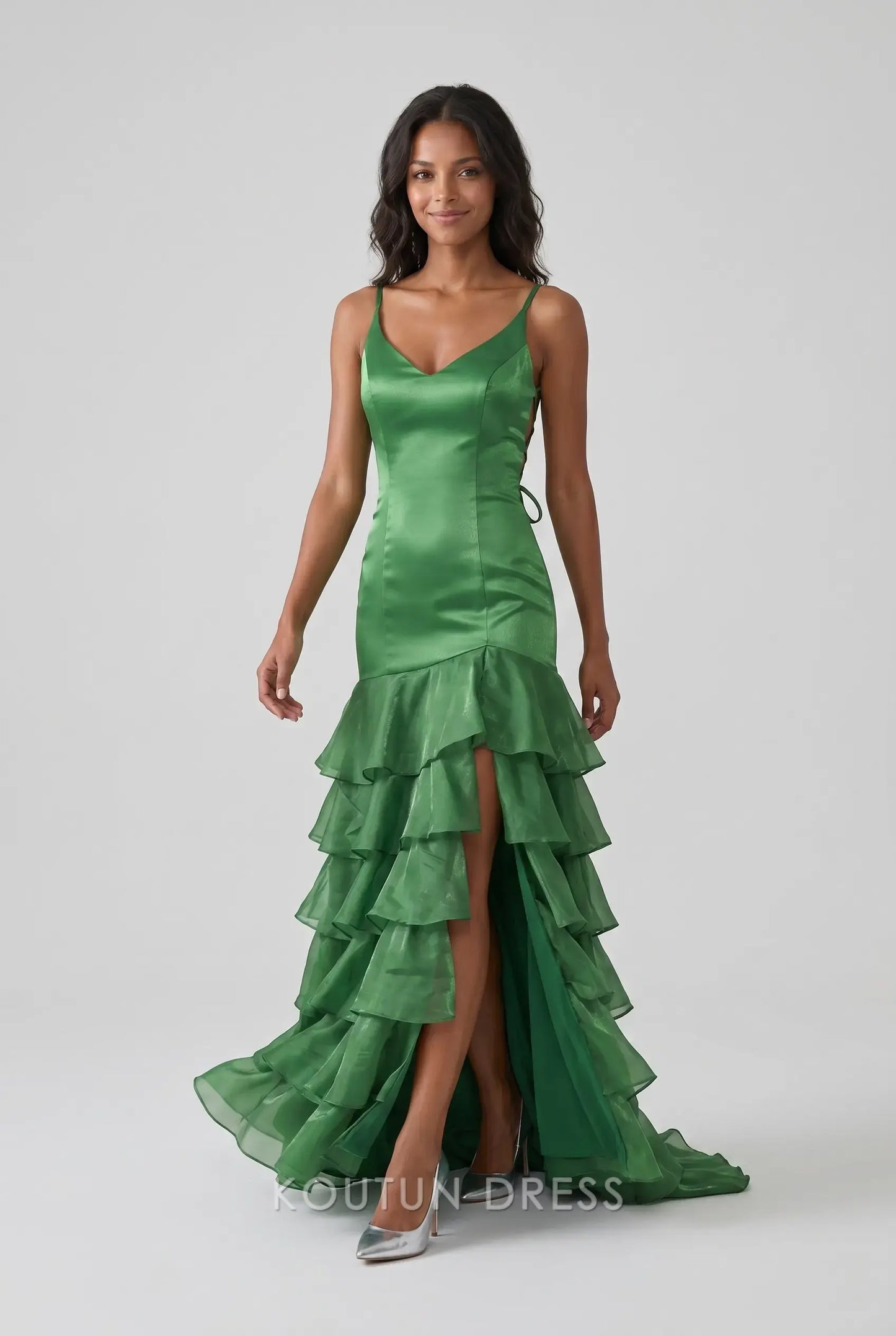 Multi-Color Satin Spaghetti Strap V-Neck Lace-Up Back Tiered Ruffle High Slit Mermaid Evening Dress