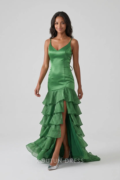 Multi-Color Satin Spaghetti Strap V-Neck Lace-Up Back Tiered Ruffle High Slit Mermaid Evening Dress