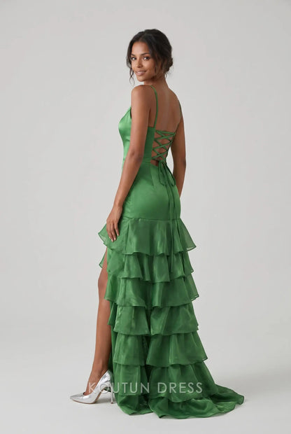Multi-Color Satin Spaghetti Strap V-Neck Lace-Up Back Tiered Ruffle High Slit Mermaid Evening Dress