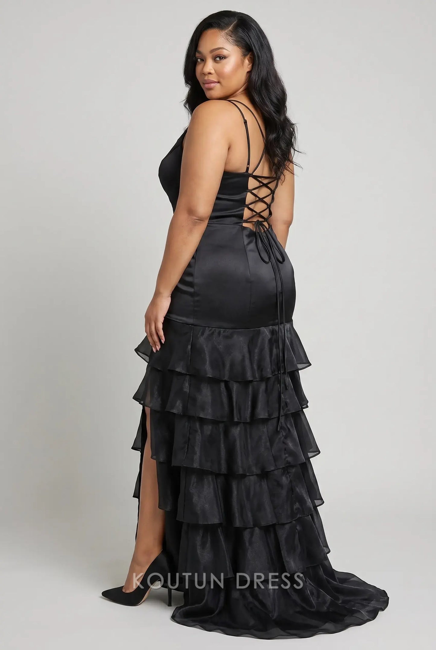 Multi-Color Satin Spaghetti Strap V-Neck Lace-Up Back Tiered Ruffle High Slit Mermaid Evening Dress