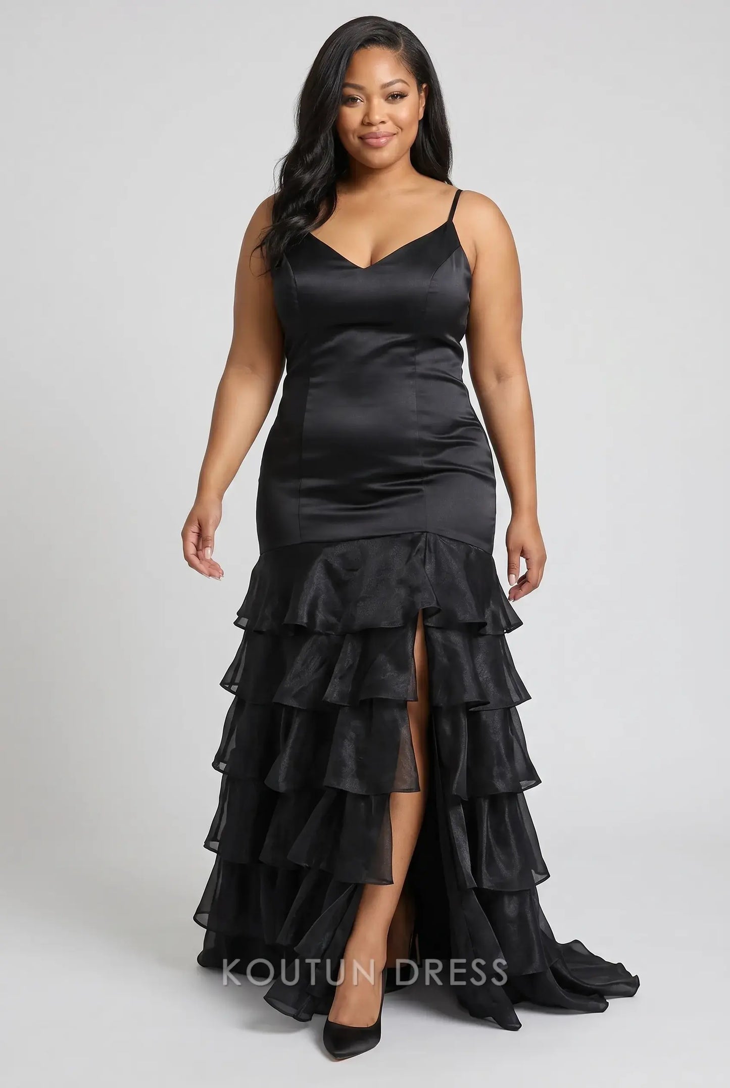 Multi-Color Satin Spaghetti Strap V-Neck Lace-Up Back Tiered Ruffle High Slit Mermaid Evening Dress