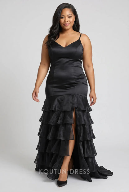 Multi-Color Satin Spaghetti Strap V-Neck Lace-Up Back Tiered Ruffle High Slit Mermaid Evening Dress