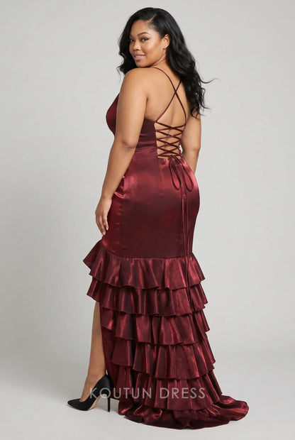 Multi-Color Satin Spaghetti Strap V-Neck Lace-Up Back Tiered Ruffle High Slit Mermaid Evening Dress