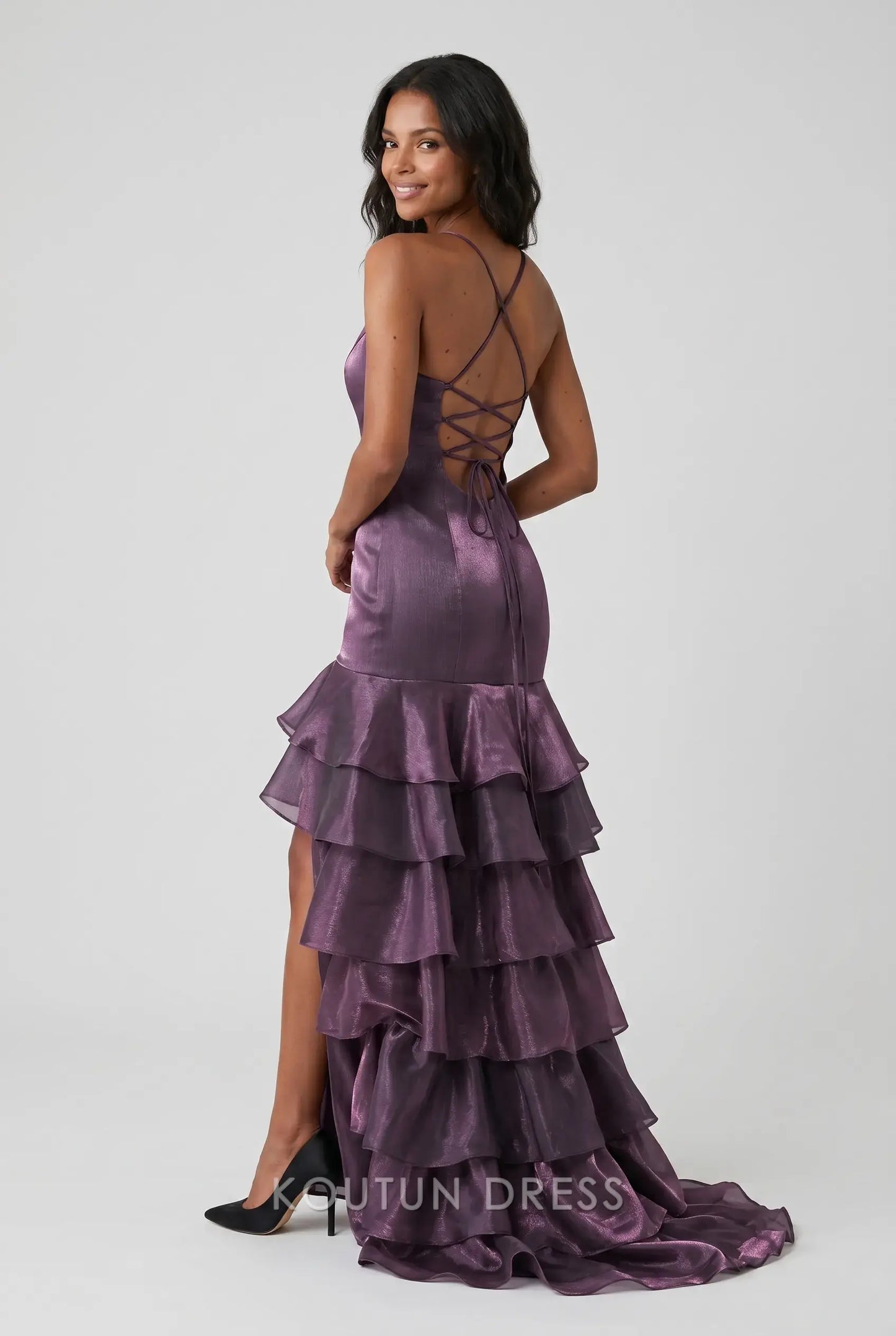 Multi-Color Satin Spaghetti Strap V-Neck Lace-Up Back Tiered Ruffle High Slit Mermaid Evening Dress