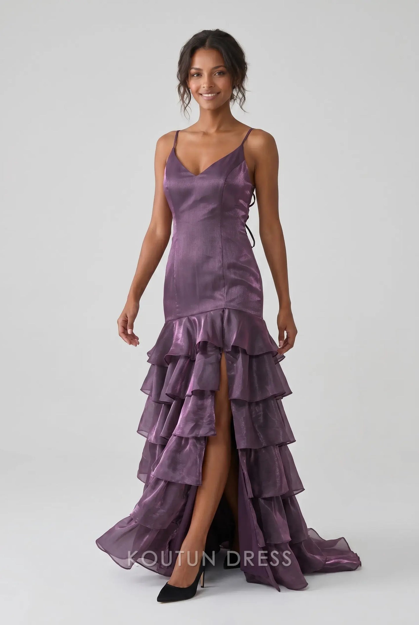 Multi-Color Satin Spaghetti Strap V-Neck Lace-Up Back Tiered Ruffle High Slit Mermaid Evening Dress