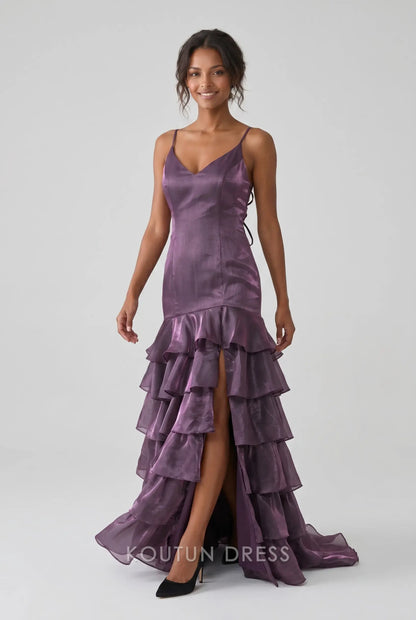 Multi-Color Satin Spaghetti Strap V-Neck Lace-Up Back Tiered Ruffle High Slit Mermaid Evening Dress
