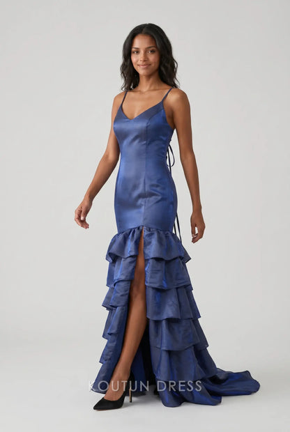 Multi-Color Satin Spaghetti Strap V-Neck Lace-Up Back Tiered Ruffle High Slit Mermaid Evening Dress