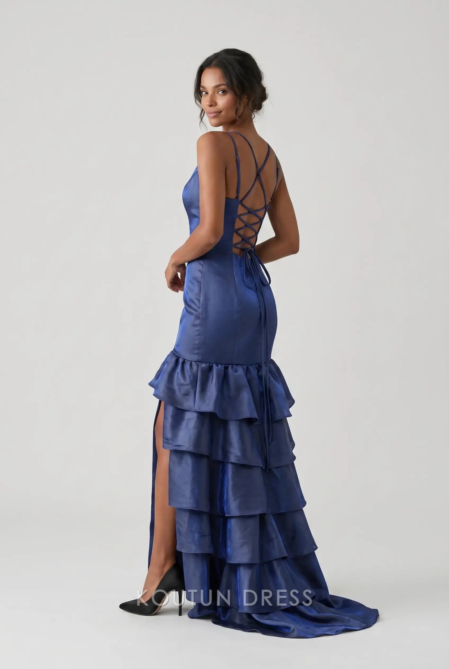 Multi-Color Satin Spaghetti Strap V-Neck Lace-Up Back Tiered Ruffle High Slit Mermaid Evening Dress