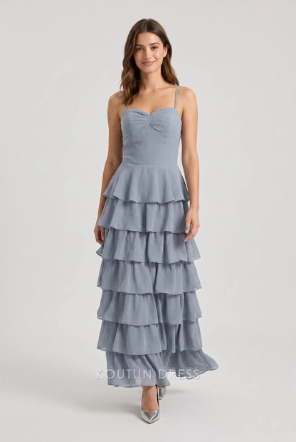 Multi-Color Spaghetti Strap Crisscross Lace-Up Back Tiered Chiffon Maxi Dress