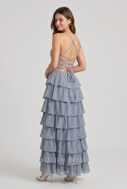 Multi-Color Spaghetti Strap Crisscross Lace-Up Back Tiered Chiffon Maxi Dress