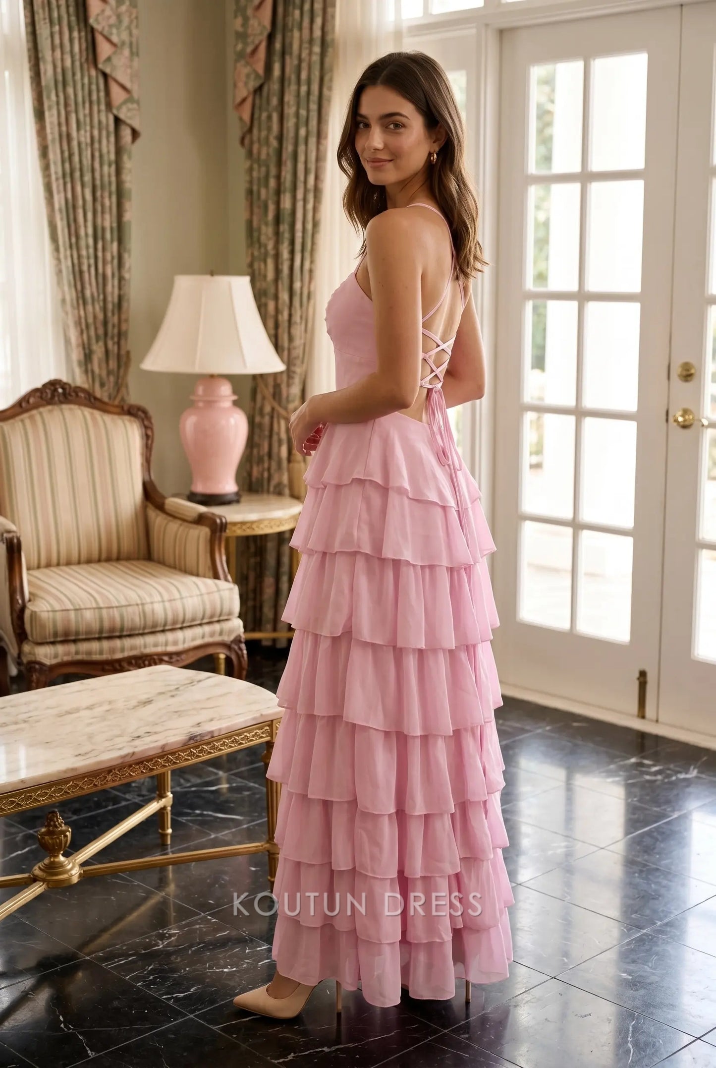 Multi-Color Spaghetti Strap Crisscross Lace-Up Back Tiered Chiffon Maxi Dress