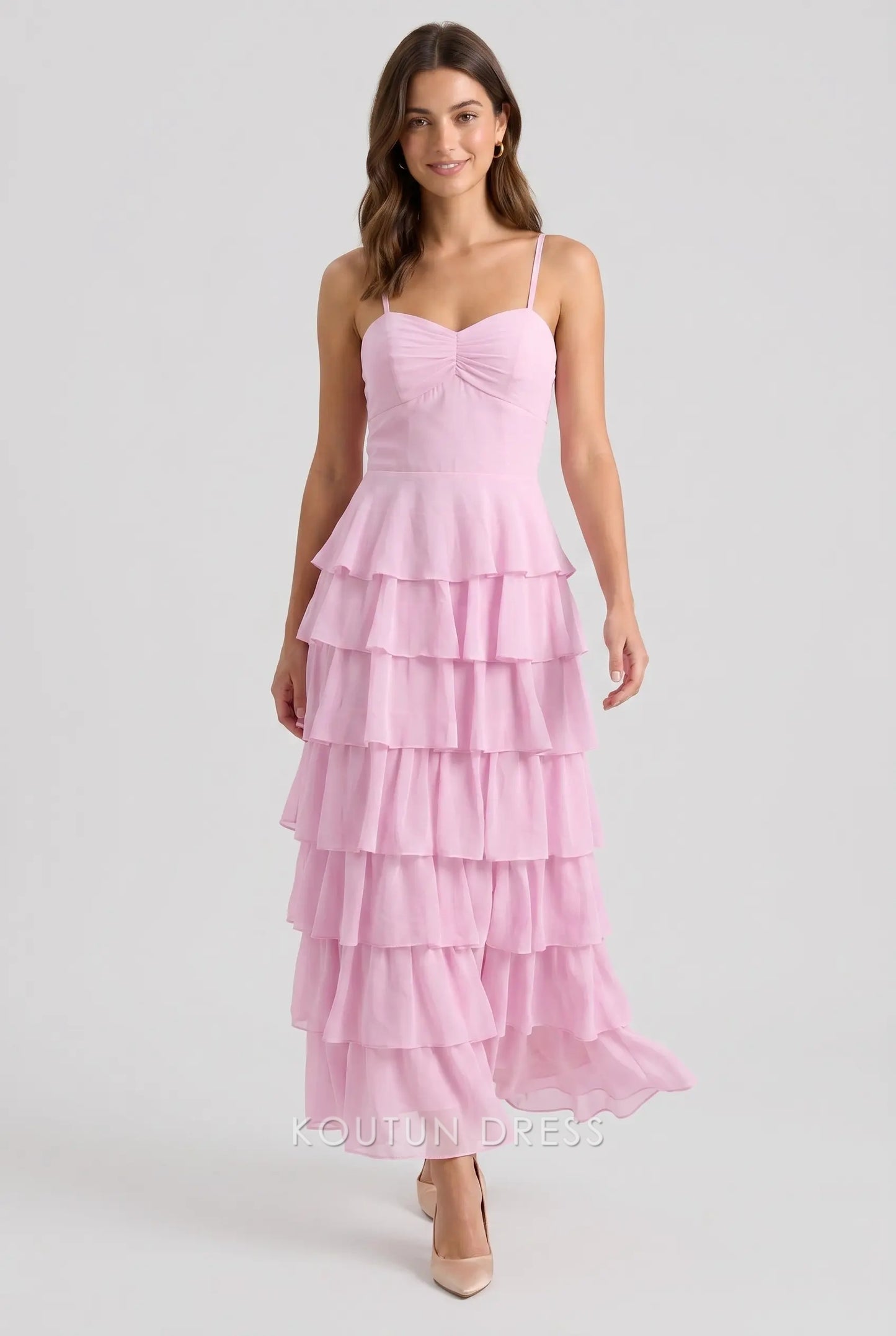 Multi-Color Spaghetti Strap Crisscross Lace-Up Back Tiered Chiffon Maxi Dress
