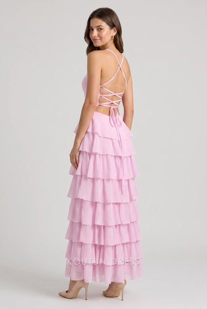 Multi-Color Spaghetti Strap Crisscross Lace-Up Back Tiered Chiffon Maxi Dress