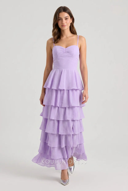 Multi-Color Spaghetti Strap Crisscross Lace-Up Back Tiered Chiffon Maxi Dress