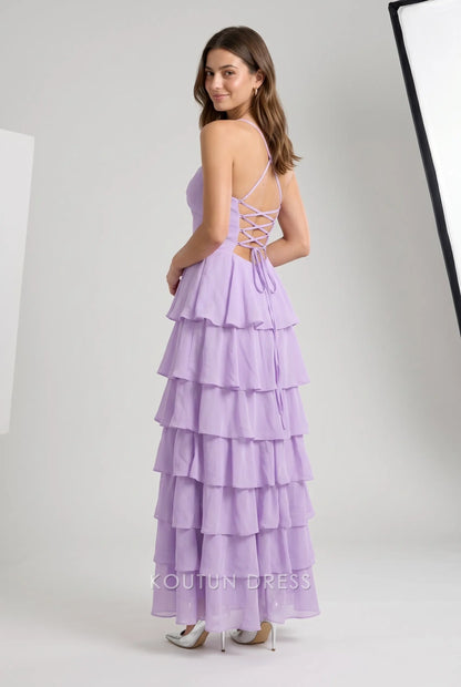 Multi-Color Spaghetti Strap Crisscross Lace-Up Back Tiered Chiffon Maxi Dress