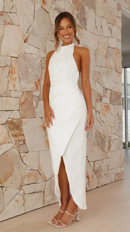 Multi Color Halter Neck Open Back Textured Wrap Slit Midi Prom Dress