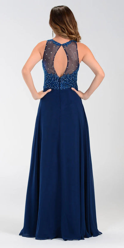 Multi Color Lace Beaded Halter Neck Sleeveless Keyhole Back Zipper Floor Length Formal Evening Prom Dress