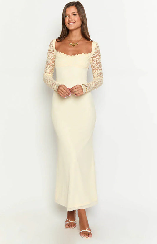 Multi Color Lace Long Sleeve Sweetheart Neck High Slit Mermaid Floor Length Prom Dress