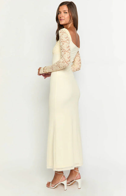 Multi Color Lace Long Sleeve Sweetheart Neck High Slit Mermaid Floor Length Prom Dress