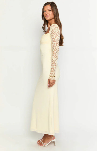 Multi Color Lace Long Sleeve Sweetheart Neck High Slit Mermaid Floor Length Prom Dress