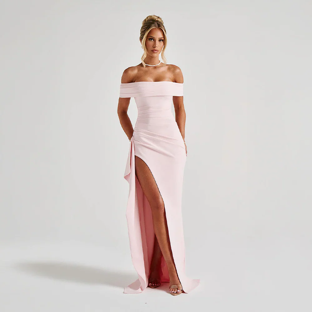 Multi Color Off Shoulder Ruched High Slit Mermaid Floor Length Prom Dress