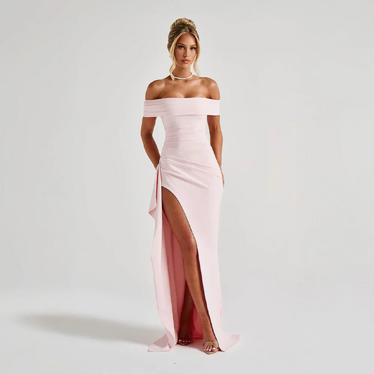 Multi Color Off Shoulder Ruched High Slit Mermaid Floor Length Prom Dress