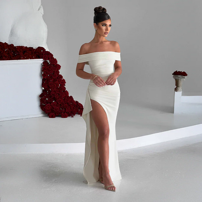 Multi Color Off Shoulder Ruched High Slit Mermaid Floor Length Prom Dress