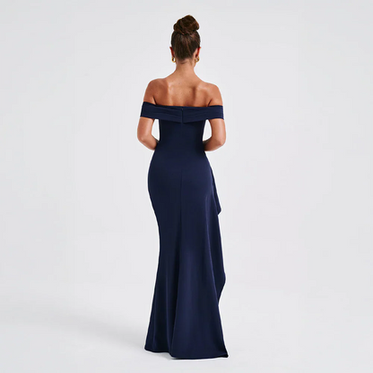 Multi Color Off Shoulder Ruched High Slit Mermaid Floor Length Prom Dress