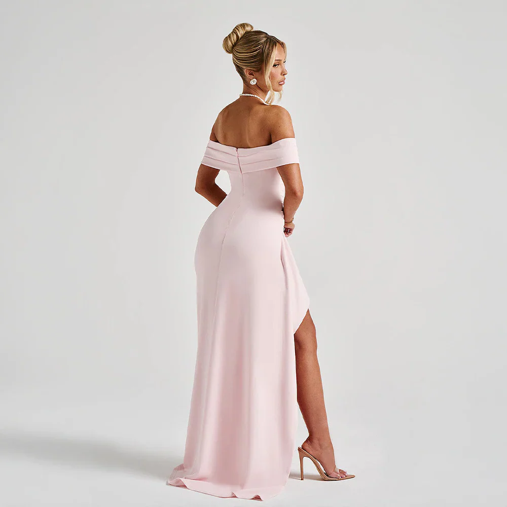 Multi Color Off Shoulder Ruched High Slit Mermaid Floor Length Prom Dress