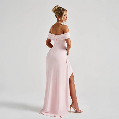 Multi Color Off Shoulder Ruched High Slit Mermaid Floor Length Prom Dress