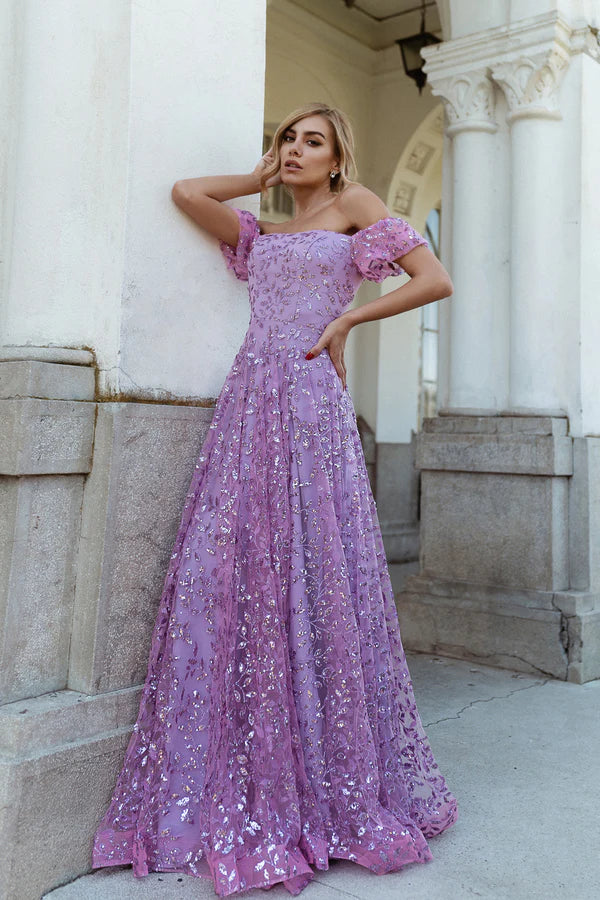 Multi Color Off The Shoulder Floral Sequin A Line Floor Length Formal Evening Prom Dress