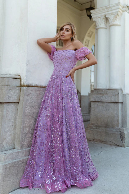 Multi Color Off The Shoulder Floral Sequin A Line Floor Length Formal Evening Prom Dress