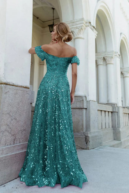 Multi Color Off The Shoulder Floral Sequin A Line Floor Length Formal Evening Prom Dress