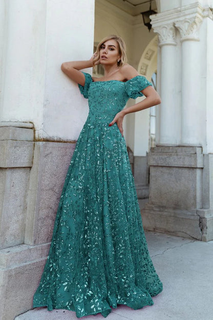 Multi Color Off The Shoulder Floral Sequin A Line Floor Length Formal Evening Prom Dress