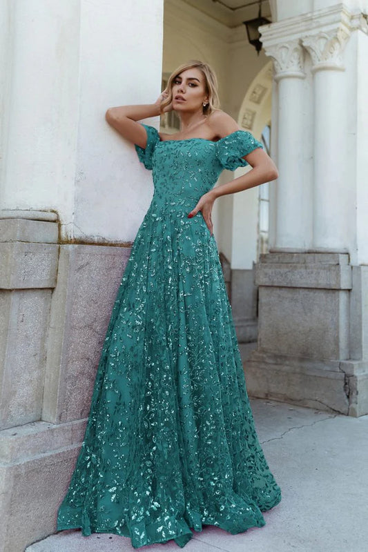 Multi Color Off The Shoulder Floral Sequin A Line Floor Length Formal Evening Prom Dress