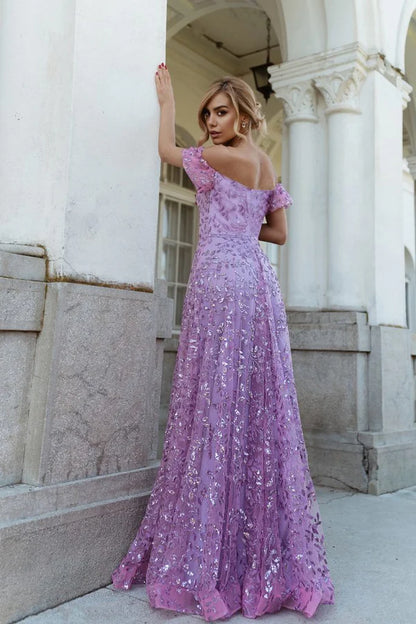Multi Color Off The Shoulder Floral Sequin A Line Floor Length Formal Evening Prom Dress