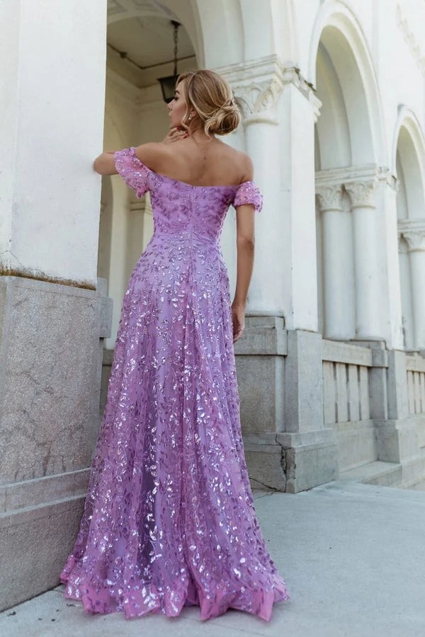 Multi Color Off The Shoulder Floral Sequin A Line Floor Length Formal Evening Prom Dress